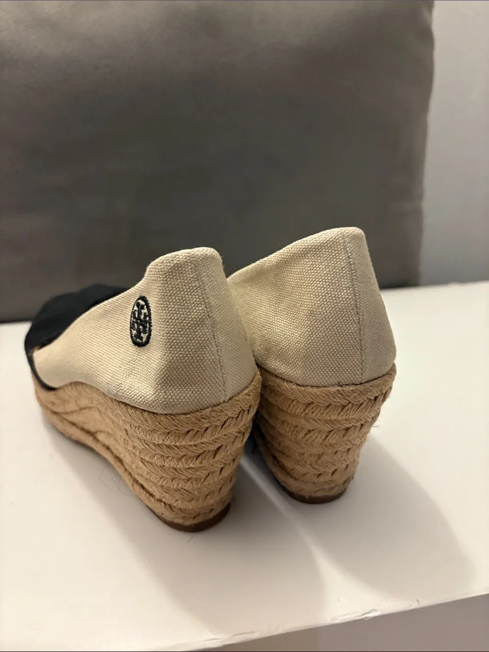 Tory Burch Black and Cream Canvas Peep-Toe Espadrille Wedges